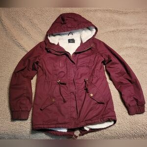 Love Tree Burgundy Hooded Sherpa-Lined Utility Jacket